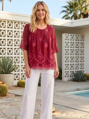 Sundance Red Pink Floral Embroidered Boho Casual Sheer Sleeves Top Size Large